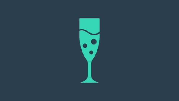 Türkis Glas Champagner Symbol isoliert auf blauem Hintergrund. 4K Video Motion Grafik Animation - Filmmaterial, Video