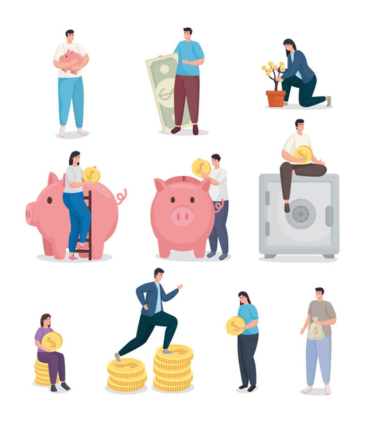 Экономия денег и людей с векторным дизайном коллекции монет - Вектор,изображение