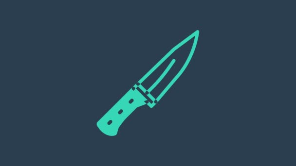 Picador de carne turquesa icono aislado sobre fondo azul. Cuchillo de carnicero. Cuchillo de cocina para carne. Cuchillo de carnicero. Animación gráfica de vídeo 4K - Imágenes, Vídeo