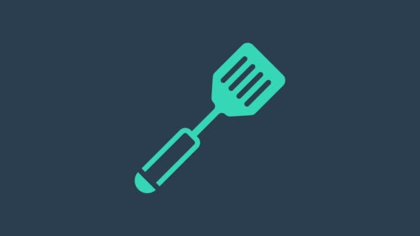 Icône Spatule turquoise isolée sur fond bleu. Icône de spatule de cuisine. Signe de spatule de barbecue. Barbecue et outil de grill. Animation graphique de mouvement vidéo 4K - Séquence, vidéo