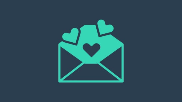 Τυρκουάζ φάκελος με το εικονίδιο καρδιά Valentine απομονώνονται σε μπλε φόντο. Μήνυμα αγάπης. Γράμμα αγάπης και ρομαντισμού. 4K Γραφική κίνηση κίνησης βίντεο - Πλάνα, βίντεο