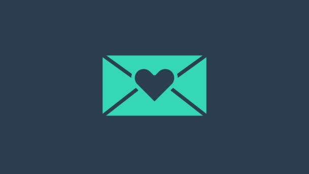 Τυρκουάζ φάκελος με το εικονίδιο καρδιά Valentine απομονώνονται σε μπλε φόντο. Μήνυμα αγάπης. Γράμμα αγάπης και ρομαντισμού. 4K Γραφική κίνηση κίνησης βίντεο - Πλάνα, βίντεο