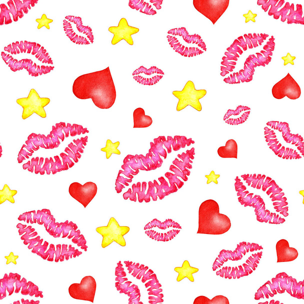 Акварельні кольорові відбитки губ, сердець і зірок. Відбитки паперу обгортають. Всесвітній день поцілунків, День святого Валентина. Ізольовані на білому тлі. - Фото, зображення