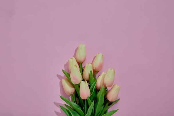 Bukiet różowy tulipan kwiat na różowy tło Concept międzynarodowy kobieta dzień i matka dzień dla Kopiuj przestrzeń płaski leżał - Zdjęcie, obraz