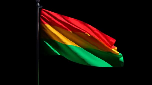 Le drapeau national de la Bolivie flotte dans le vent sur fond noir - Séquence, vidéo