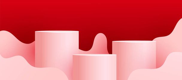 Pódiums vacíos, pedestales o plataformas con formas de onda cortadas en papel sobre fondo rojo. Escena mínima con formas geométricas para la presentación del producto. Ilustración vectorial - Vector, imagen