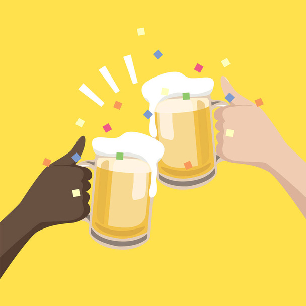 Mãos pretas e brancas segurando copos de cerveja para celebrar juntos. - Vetor, Imagem
