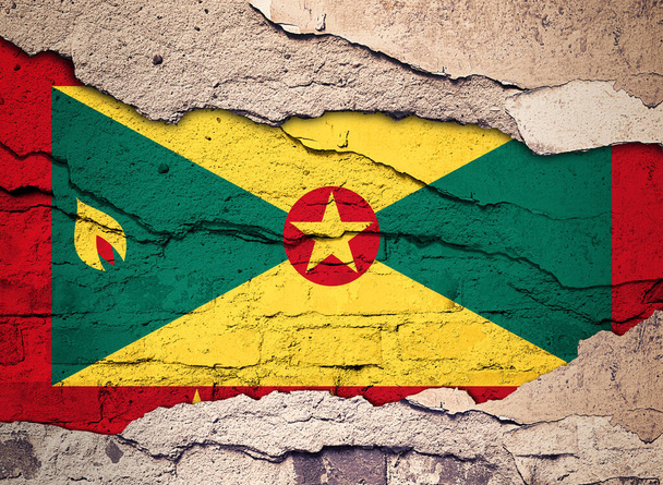 Grenada Flagge gemalt auf einem alten Wandhintergrund. 3D-Illustration  - Foto, Bild