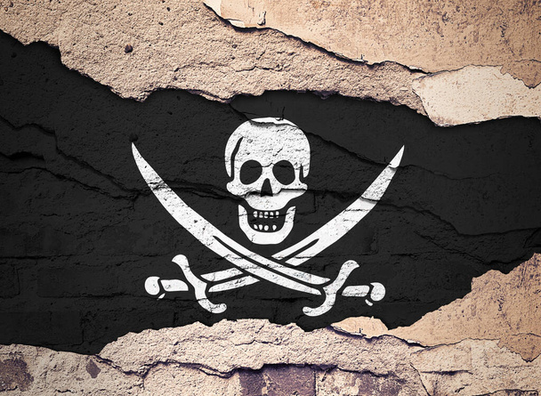 Piratenflagge auf einem alten Wandhintergrund. 3D-Illustration - Foto, Bild