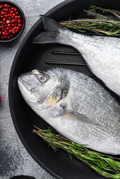 Сырая морская лещ или Dorado сырой рыбы на гриле кастрюлю с ингредиентами на сером белом текстурированном фоне, вид сверху, избирательный фокус - Фото, изображение
