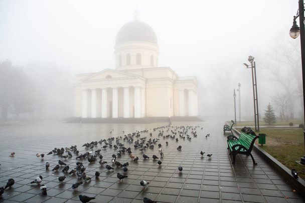 チシナウモルドバの美しい霧の冬の朝。市内の霧. - 写真・画像