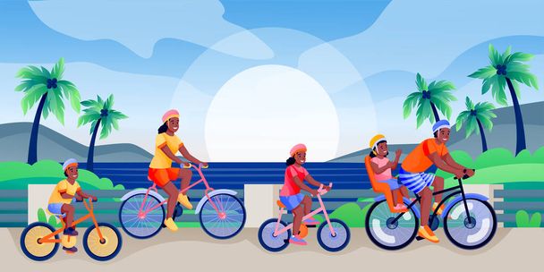 Eine afroamerikanische Familie mit drei Kindern fährt Fahrrad. Vater, Mutter, Junge, Mädchen fahren im Sommer Rad. Vektor flache Zeichentrickfiguren Illustration. Familiensport, Freizeitgestaltung - Vektor, Bild