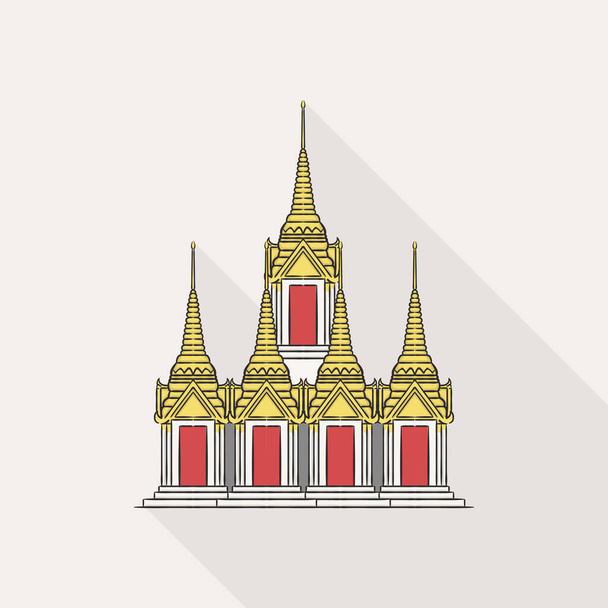 Иллюстрация Ват Ратчанадда, известный как Лоха Прасат, еще одна известная туристическая достопримечательность в Бангкоке, Таиланд, на белом фоне. - Вектор,изображение