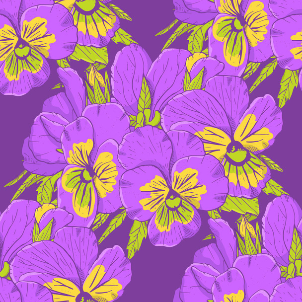 Patrón inconsútil floral colorido con flores pansy dibujadas a mano sobre fondo violeta. vector de stock - Vector, Imagen