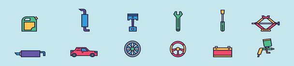 Set von Automobil-Reparatur-Cartoon-Ikone Design-Vorlage mit verschiedenen Modellen. moderne Vektordarstellung isoliert auf blauem Hintergrund - Vektor, Bild
