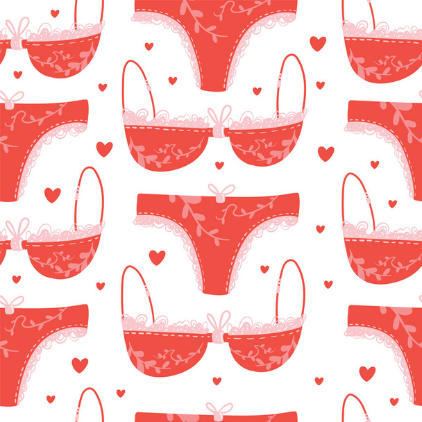 Seamless vector pattern with hearts and women's underwear. Love background for Valentine's day. Seamless bright romantic design for fabric or wrap paper. - Vector, Image