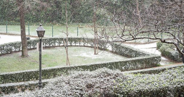 Laternenpfahl in einem öffentlichen Park zu Beginn eines heftigen Schneefalls durch Sturm Philomena - Foto, Bild