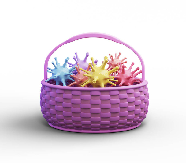 Colored Coronavirus instead of eggs lies in an Easter basket. Coronavirus, disease, isolation, distance work and study. Celebration Easter canceled. 3d illustration - Foto, Imagen