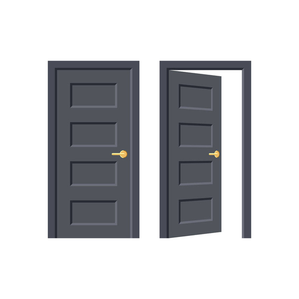 Schwarze Tür. Ein- oder Ausgang. Türöffnungskonzept. Tür öffnen und schließen isoliert auf weißem Hintergrund. Bau- und Raumeingangselement-Attrappe. Vektorillustration - Vektor, Bild