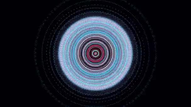 Visualização abstrata de sinais radiais em fundo preto, loop sem costura. Animação. Belos círculos coloridos ficando maior e menor em movimento piscando. - Filmagem, Vídeo