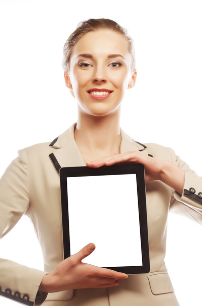 Jovem mulher de negócios mostrando tablet
 - Foto, Imagem