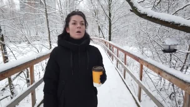 Hermosa joven camina en invierno en el parque con un vaso de café en sus manos - Metraje, vídeo