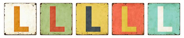Five vintage tin signs on a white background - Letter L - Photo, Image
