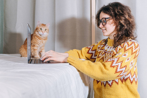 Gyönyörű lány diák csinálja a házi feladatát otthon ül az ágyon a macskájával. Távolsági oktatás. - Fotó, kép
