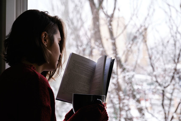 Eine junge Frau hält eine heiße Kaffee- oder Teetasse in der Hand und liest an einem verschneiten Wintertag am Fenster ein Buch. Gemütliches Zuhause-Konzept. - Foto, Bild