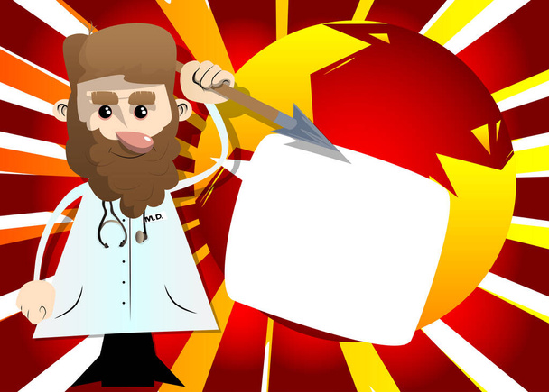 Lustiger Cartoon-Arzt mit Speer in der Hand. Vektorillustration. Krankenpfleger als Krieger. - Vektor, Bild