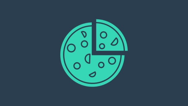 Turkusowa ikona pizzy izolowana na niebieskim tle. Szybkie menu. 4K Animacja graficzna ruchu wideo - Materiał filmowy, wideo