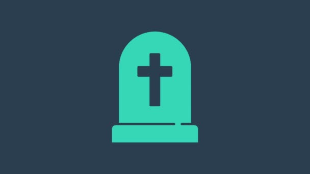 Türkiz sírkő kereszt ikon elszigetelt kék alapon. Sírikon. Boldog Halloween partit! 4K Videó mozgás grafikus animáció - Felvétel, videó