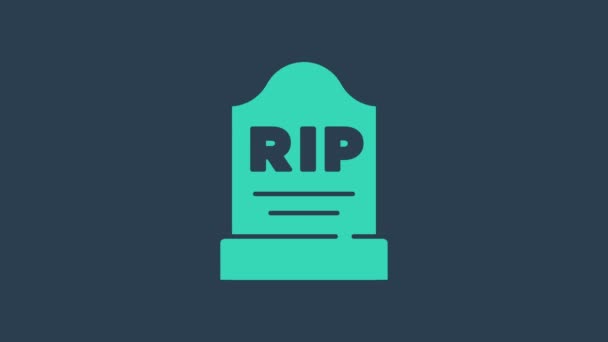 Türkiz sírkő RIP felirattal rajta ikon elszigetelt kék háttérrel. Sírikon. 4K Videó mozgás grafikus animáció - Felvétel, videó