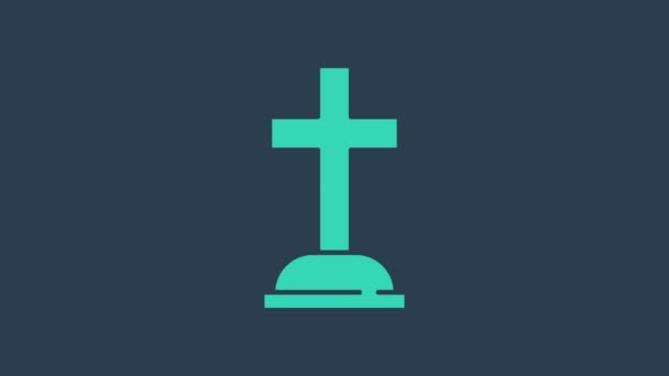 Turkusowy nagrobek z ikoną krzyża na niebieskim tle. Ikona grobu. 4K Animacja graficzna ruchu wideo - Materiał filmowy, wideo