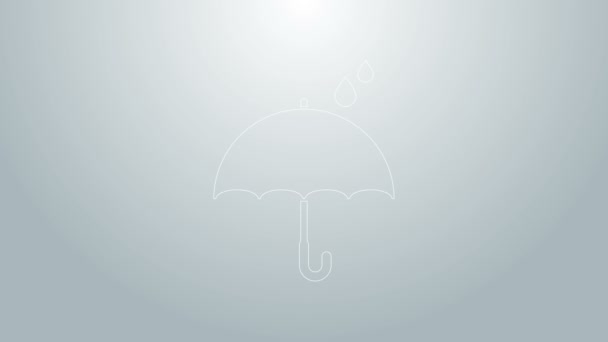 Modrá čára Deštník a déšť kapky ikony izolované na šedém pozadí. Vodotěsná ikona. Ochrana, bezpečnost, koncepce zabezpečení. Symbol odolnosti vůči vodě. Grafická animace pohybu videa 4K - Záběry, video