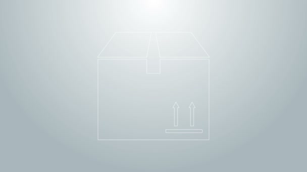 Ligne bleue Boîte en carton avec icône de symbole de circulation isolée sur fond gris. Boîte, paquet, panneau de colis. Livraison, transport et expédition. Animation graphique de mouvement vidéo 4K - Séquence, vidéo