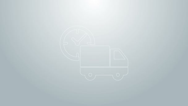 Kék vonal Logisztikai szállító teherautó és óra ikon elszigetelt szürke háttér. Szállítási idő ikon. 4K Videó mozgás grafikus animáció - Felvétel, videó