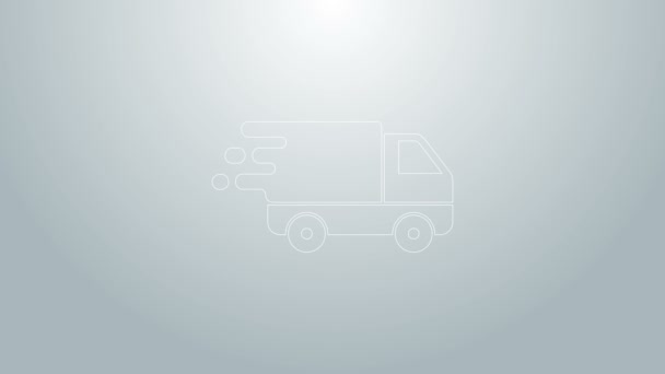 Blue line Delivery truck in movement icon isolated on grey background. Fast shipping delivery truck. 4K Video motion graphic animation - Footage, Video