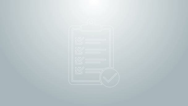 Modrá čára Ověření seznamu dodávek schránky a ikony pera izolované na šedém pozadí. Grafická animace pohybu videa 4K - Záběry, video