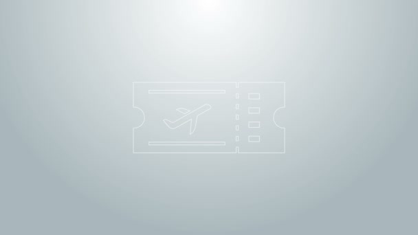 グレーの背景に隔離されたブルーライン航空券アイコン。飛行機の切符。4Kビデオモーショングラフィックアニメーション - 映像、動画