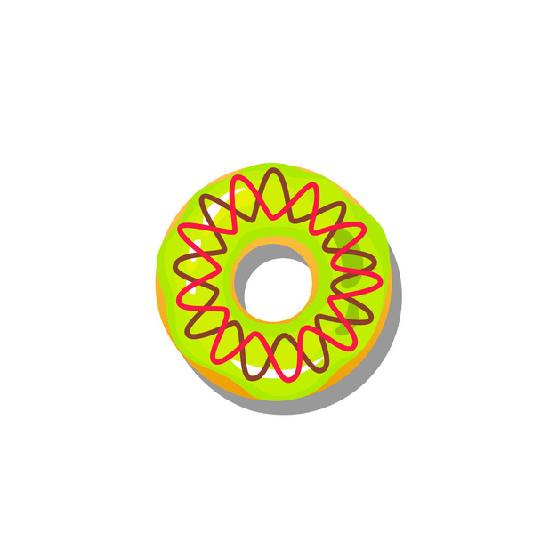 Grüne Glasur Donuts mit Schokolade und rosa Streifen isoliert auf weißem Hintergrund. Donuts in Glasur für Menügestaltung, Café-Dekoration, Lieferbox. - Vektor, Bild