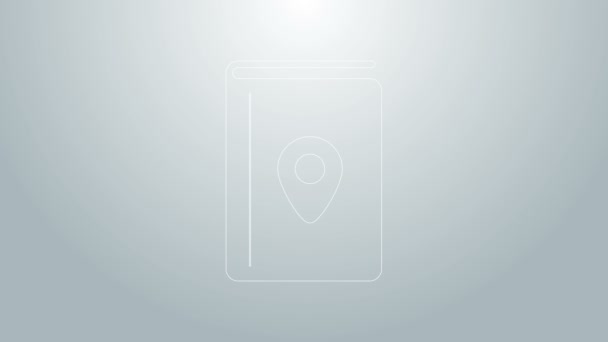 Ligne bleue Livre de couverture icône du guide de voyage isolé sur fond gris. Animation graphique de mouvement vidéo 4K - Séquence, vidéo