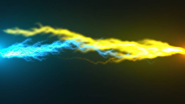 Blue and orange beams sparkling thunder lightning on the dark. 3d rendering background, computer generating - Photo, image