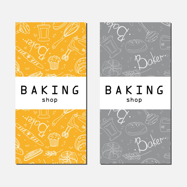 Шаблон с пекарскими и кулинарными инструментами. Векторная иллюстрация в стиле каракулей. Design for, bakery business card, baking shop etc. - Вектор,изображение