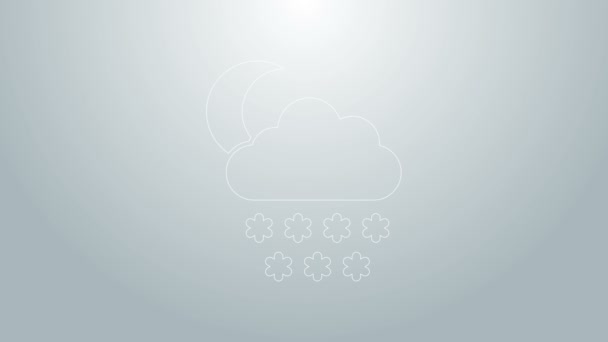 Linea blu Nuvola con icona di neve e luna isolata su sfondo grigio. Nuvola con fiocchi di neve. Icona del tempo singolo. Segno di neve. Animazione grafica 4K Video motion - Filmati, video