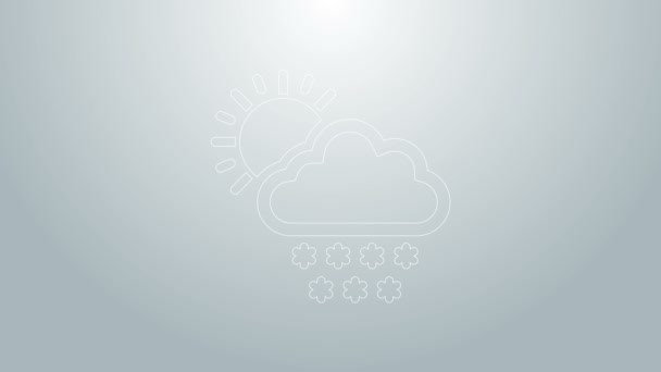 Nube de línea azul con icono de nieve y sol aislado sobre fondo gris. Nube con copos de nieve. Icono de tiempo único. Signo de niebla. Animación gráfica de vídeo 4K - Metraje, vídeo