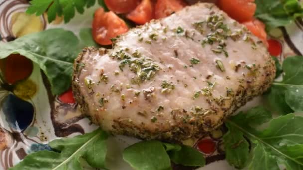 Pork loin with herbs and vegetables - Footage, Video