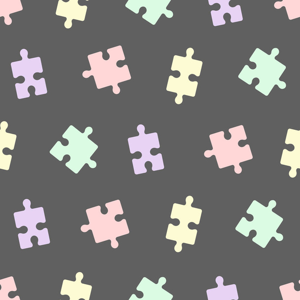 灰色の背景に着色されたパズルピースからのパターン。パステルカラーのパズル。パズルは灰色の背景に散在しています. - ベクター画像