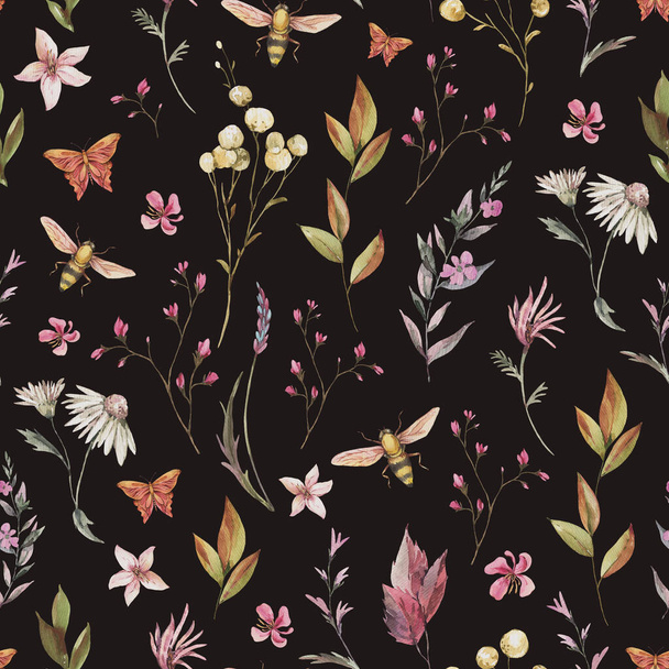 水彩ヴィンテージの花夏シームレスパターン。黒を基調とした植物性の質感。ドライフラワー壁紙 - 写真・画像