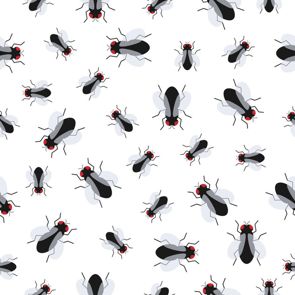 Fly насекомое плоский вектор бесшовный фон шаблона. Маленькие мухи изолированы на белом. - Вектор,изображение